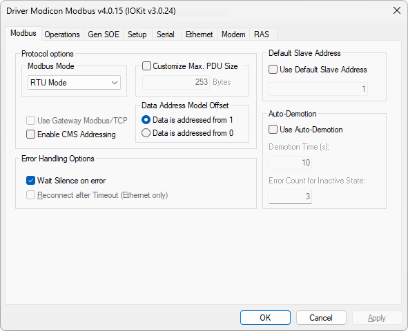 Aba Modbus da janela de configurações deste Driver